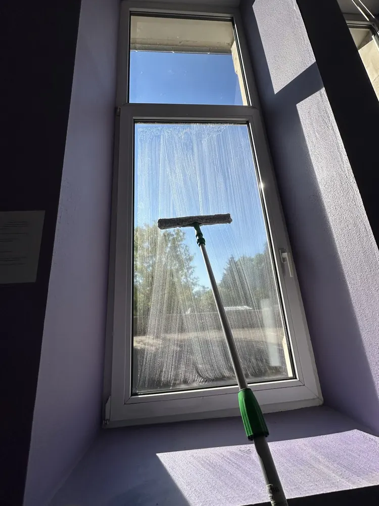 Nettoyage à la raclette d'une fenêtre, vue de l'intérieur